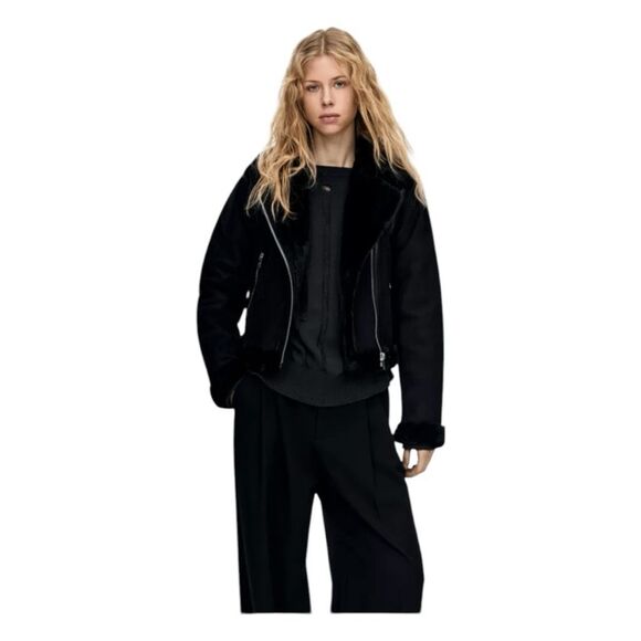 Pull&Bear Jackets & Blazers - Pull & Bear Double-Faced Vegan Suede Jacket Black Faux Fur Lined Buckle Detail X